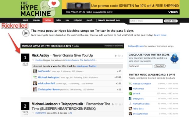 Evidence of Erick Schonfeld's rickroll