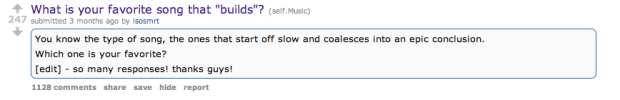 reddit post titled 'what is your favorite song that builds'