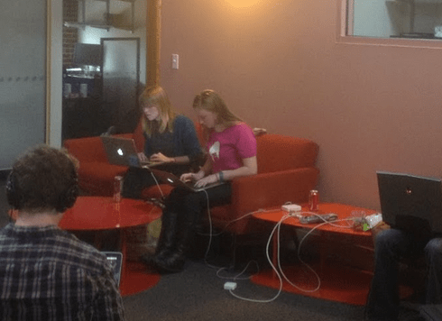 Barbie and Jen hacking away (photo by Ming Chow)