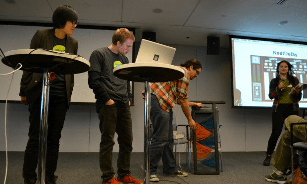 String Theory Submitted A musical instrument and sound sculpture build from yearn and stretch sensors and powered by an Arduino.