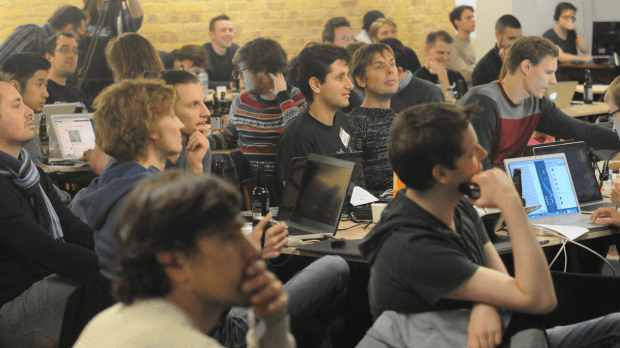 Watching the demos at Music Hack Day