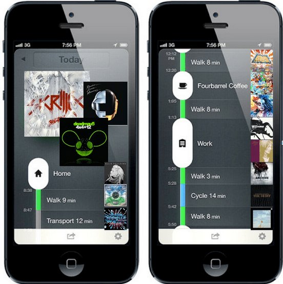 Conceptual zero-ui player that maps music listening onto user activity (as tracked by moves-app )